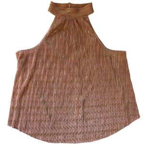 Anthropologie Vickie Pink Metallic Gold Pleated‎ Halter Button Back Top Size S